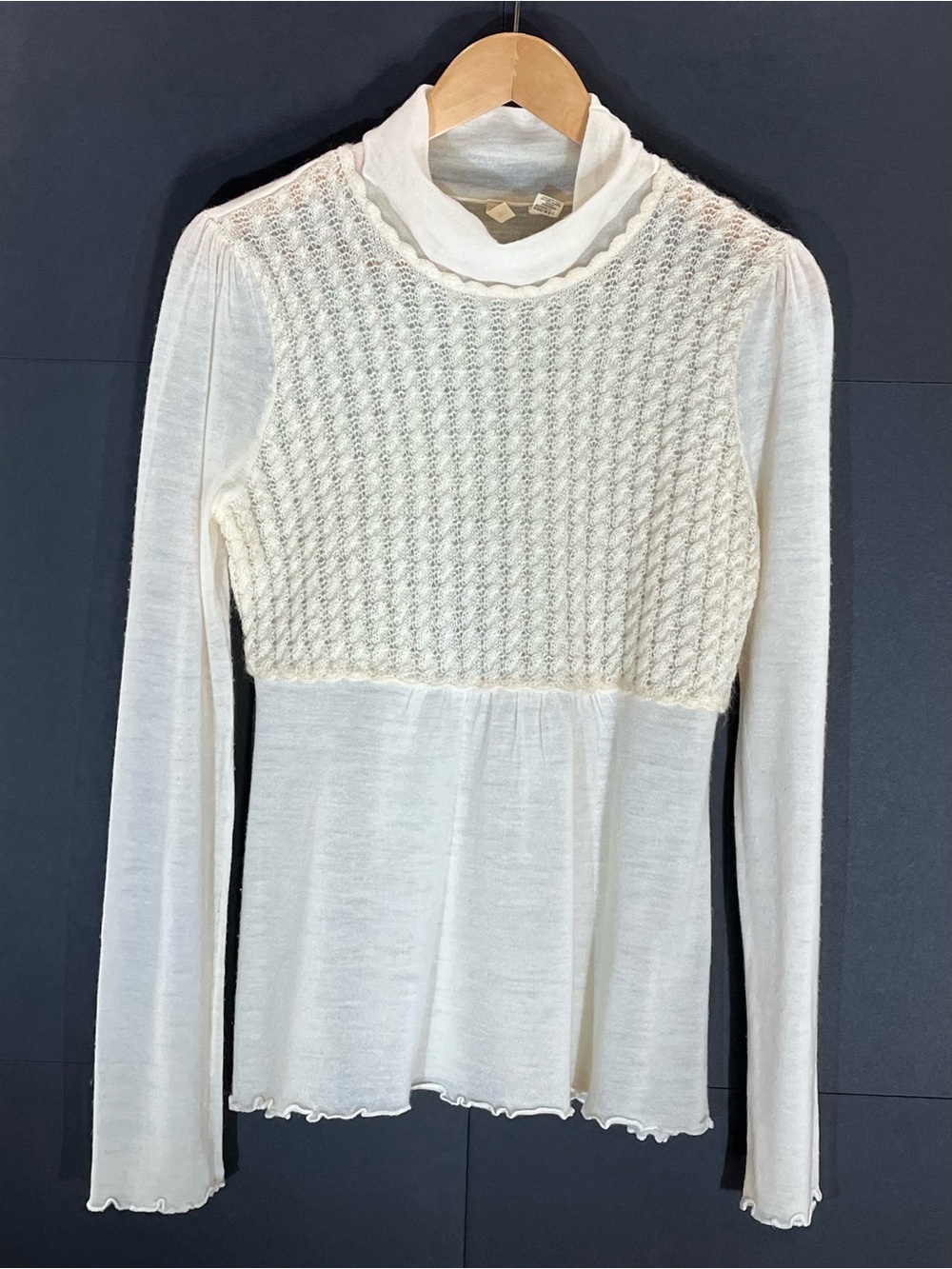Y2K Moth (Anthropology) Semi-Sheer “Crochet” Peplum Cream Sweater, Medium